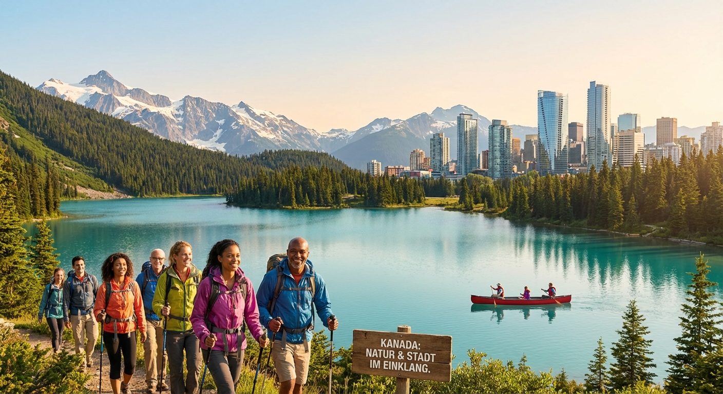 Kanadische Landschaft mit Bergen, Wäldern und Seen, Menschen beim Wandern und Kanufahren, moderne Stadtsilhouette im Hintergrund.