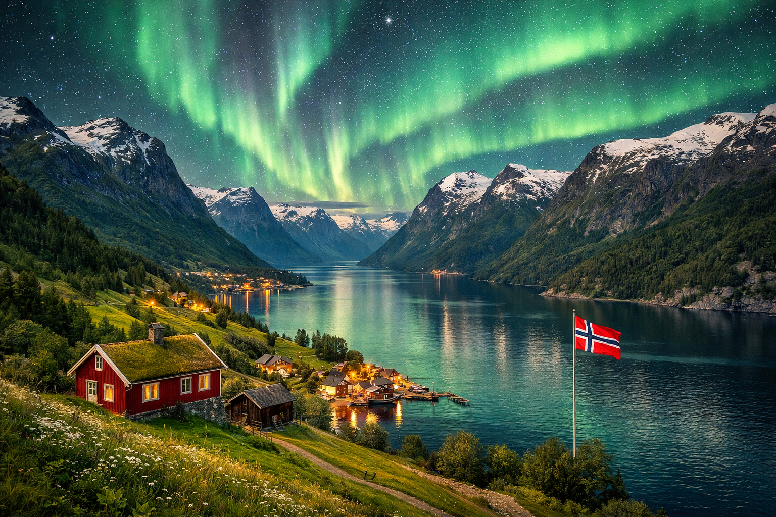 20260220_2350_norwegen-fjord-nordlichter-landschaft-berge-dorf-abendstimmung Nordlichter leuchten über einem norwegischen Fjord mit Bergen, einem kleinen Dorf am Wasser und einer roten Holzhütte im Vordergrund bei Nacht