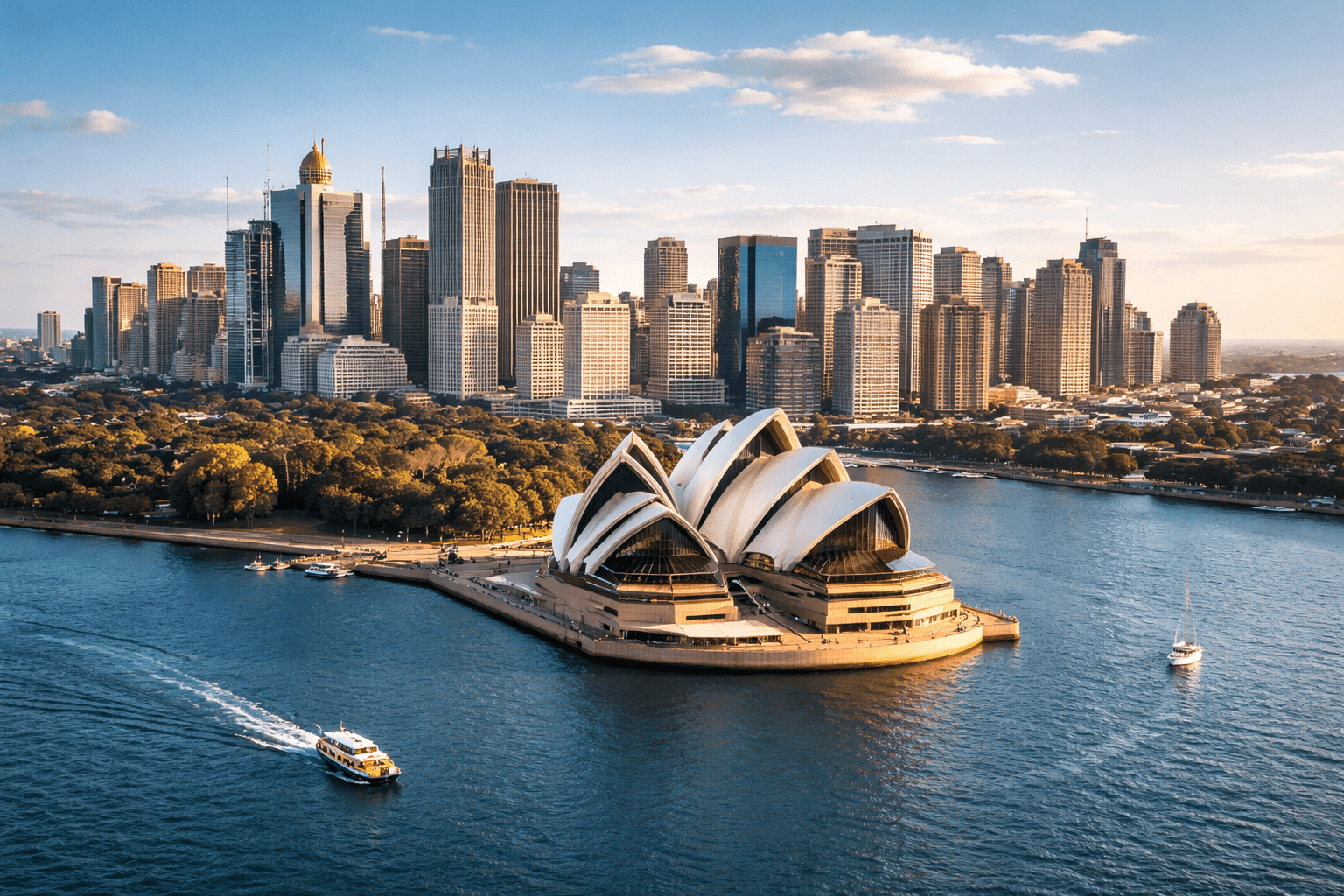 Blick auf das Sydney Opera House im Hafen mit moderner Skyline im Hintergrund bei sonnigem Wetter