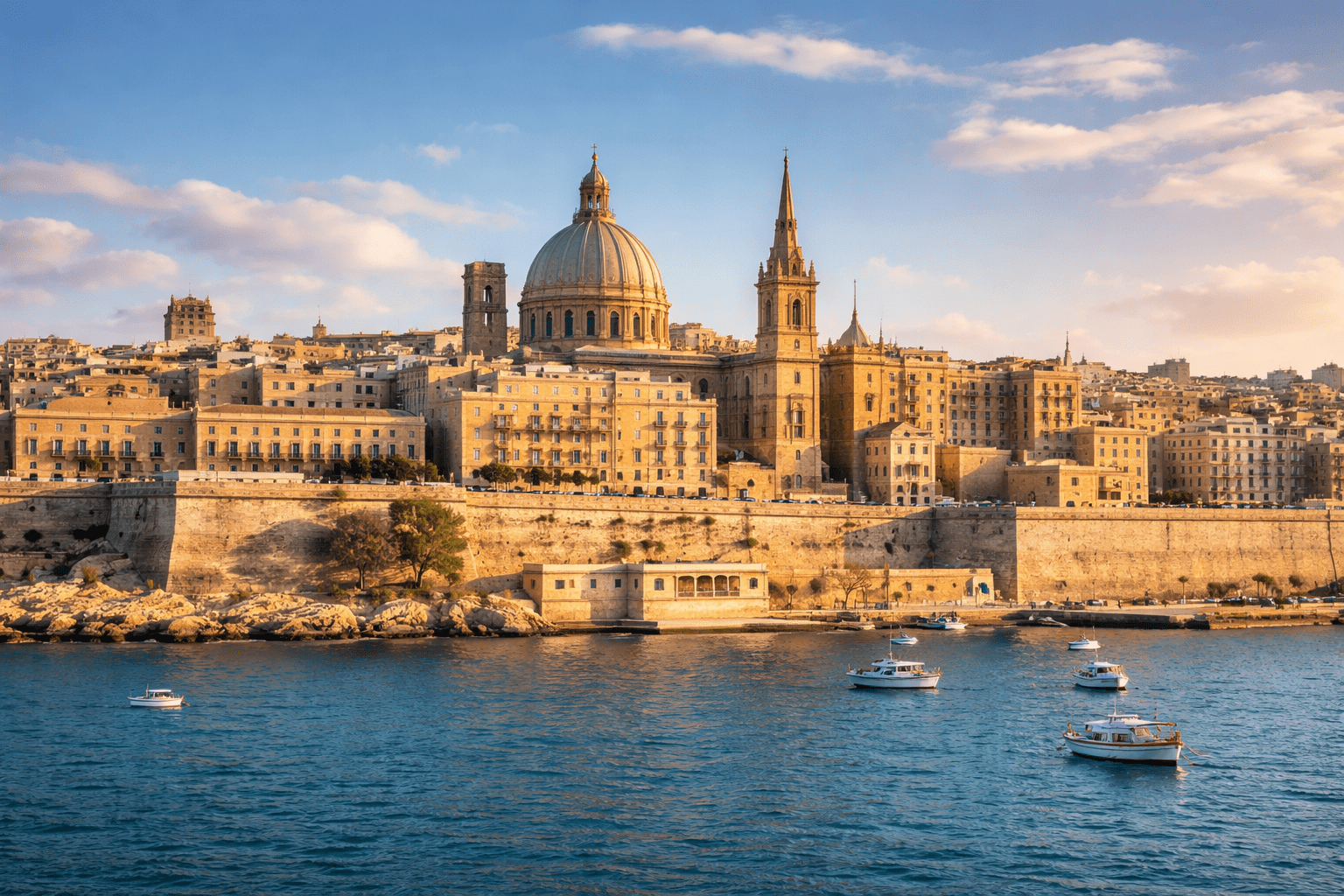 Blick auf die historische Skyline von Valletta in Malta mit Domkuppel, Stadtmauern und Booten im Hafen bei warmem Abendlicht