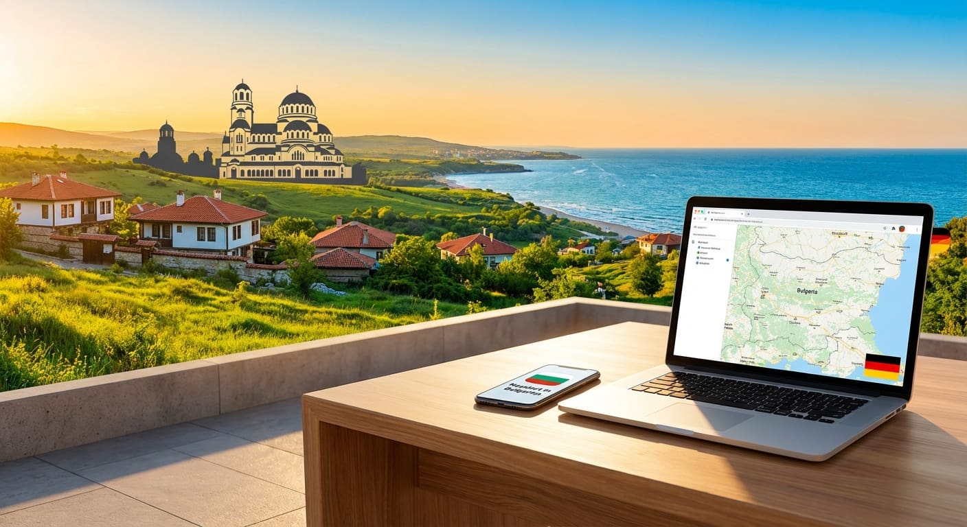 Professionelles Header-Bild für einen Blog über das Auswandern nach Bulgarien mit bulgarischer Landschaft, Schwarzmeerküste und Symbolen für digitales Arbeiten. Professionelles Header-Bild für einen Blog über das Auswandern nach Bulgarien mit bulgarischer Landschaft, Schwarzmeerküste und Symbolen für digitales Arbeiten.