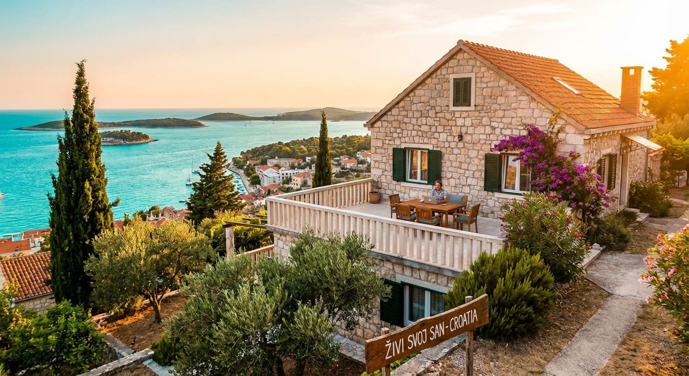 Steinvilla in Kroatien mit Blick auf die Adria und Person, die remote arbeitet