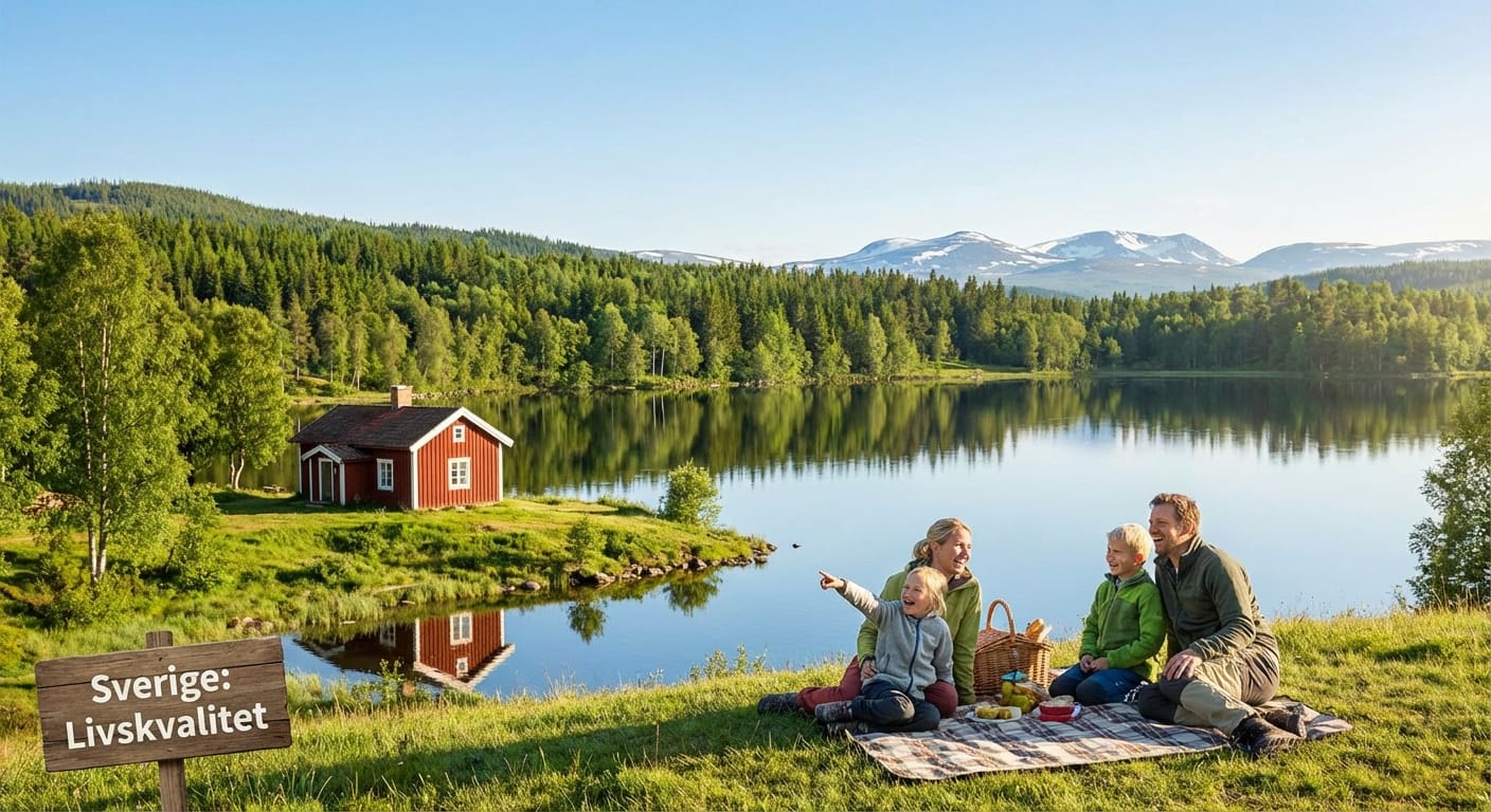 Idyllische schwedische Landschaft mit See, rotem Holzhaus und Familie beim Picknick, symbolisierend das Leben in Schweden. Idyllische schwedische Landschaft mit See, rotem Holzhaus und Familie beim Picknick, symbolisierend das Leben in Schweden.
