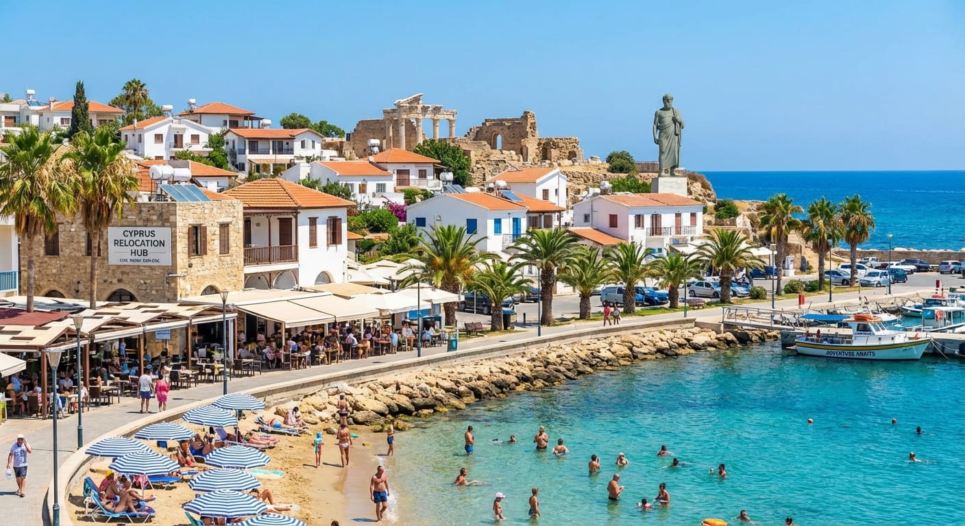 Strand auf Zypern mit mediterraner Architektur und Menschen beim Entspannen