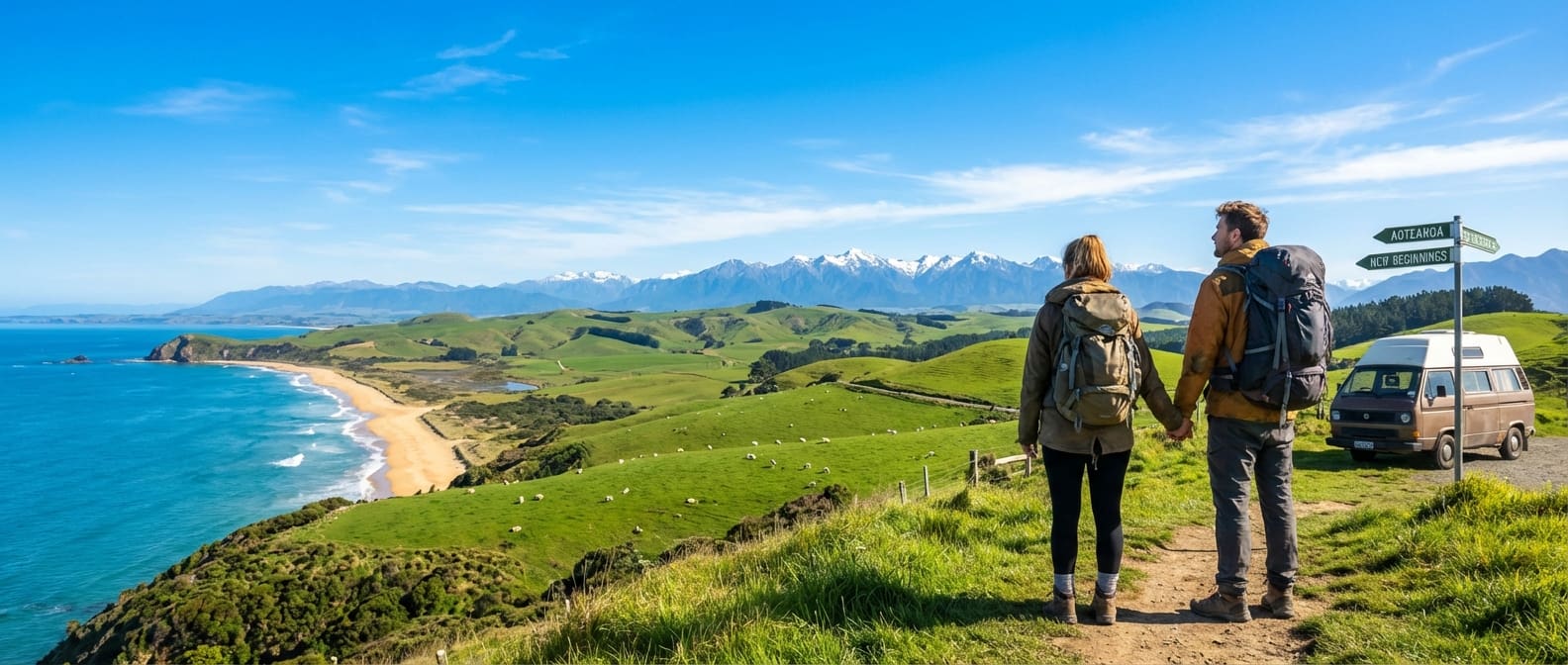 Panoramablick auf Neuseelands Landschaft mit einem jungen Paar, das in die Ferne schaut Panoramablick auf Neuseelands Landschaft mit einem jungen Paar, das in die Ferne schaut