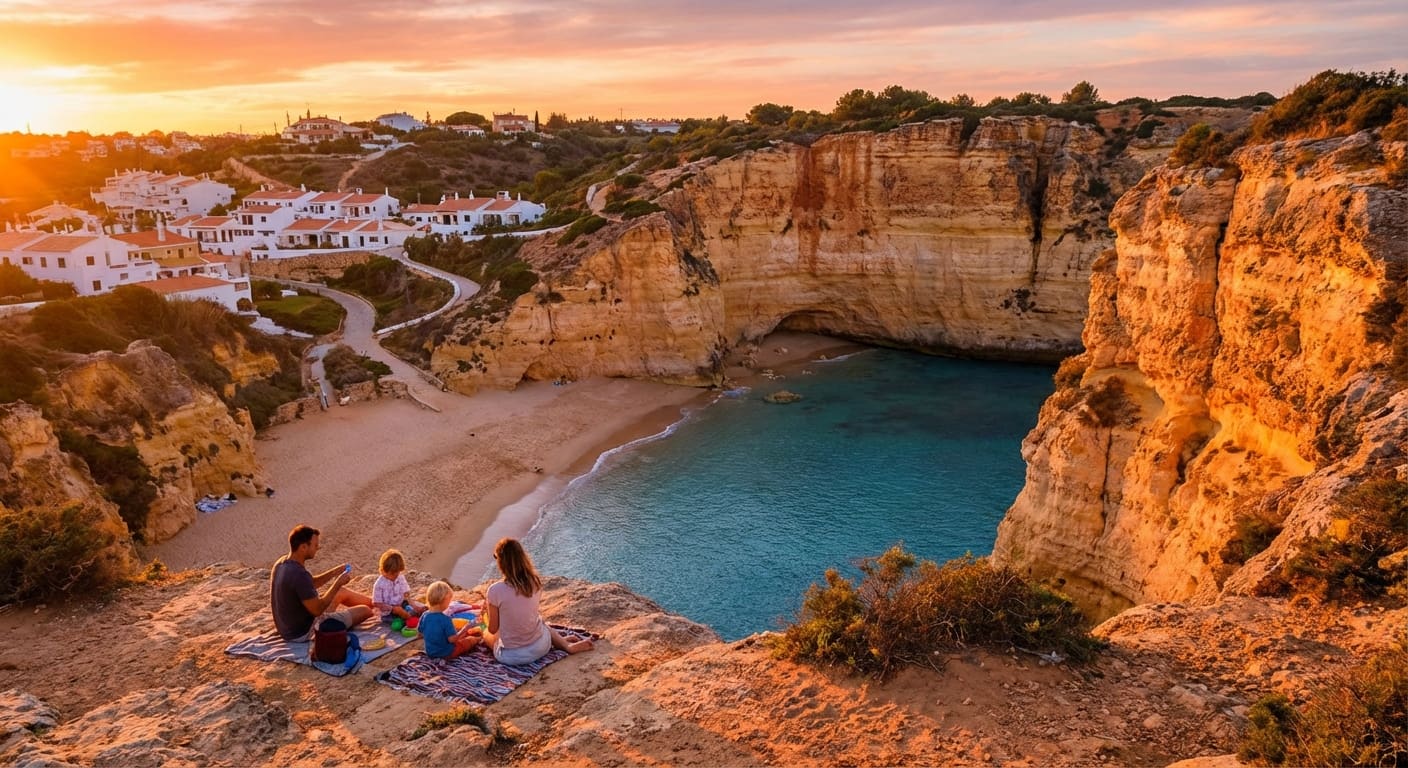 Küstenlandschaft der Algarve in Portugal mit goldenen Klippen, Strand und portugiesischem Dorf im Hintergrund, ideal für Auswanderer. Küstenlandschaft der Algarve in Portugal mit goldenen Klippen, Strand und portugiesischem Dorf im Hintergrund, ideal für Auswanderer.