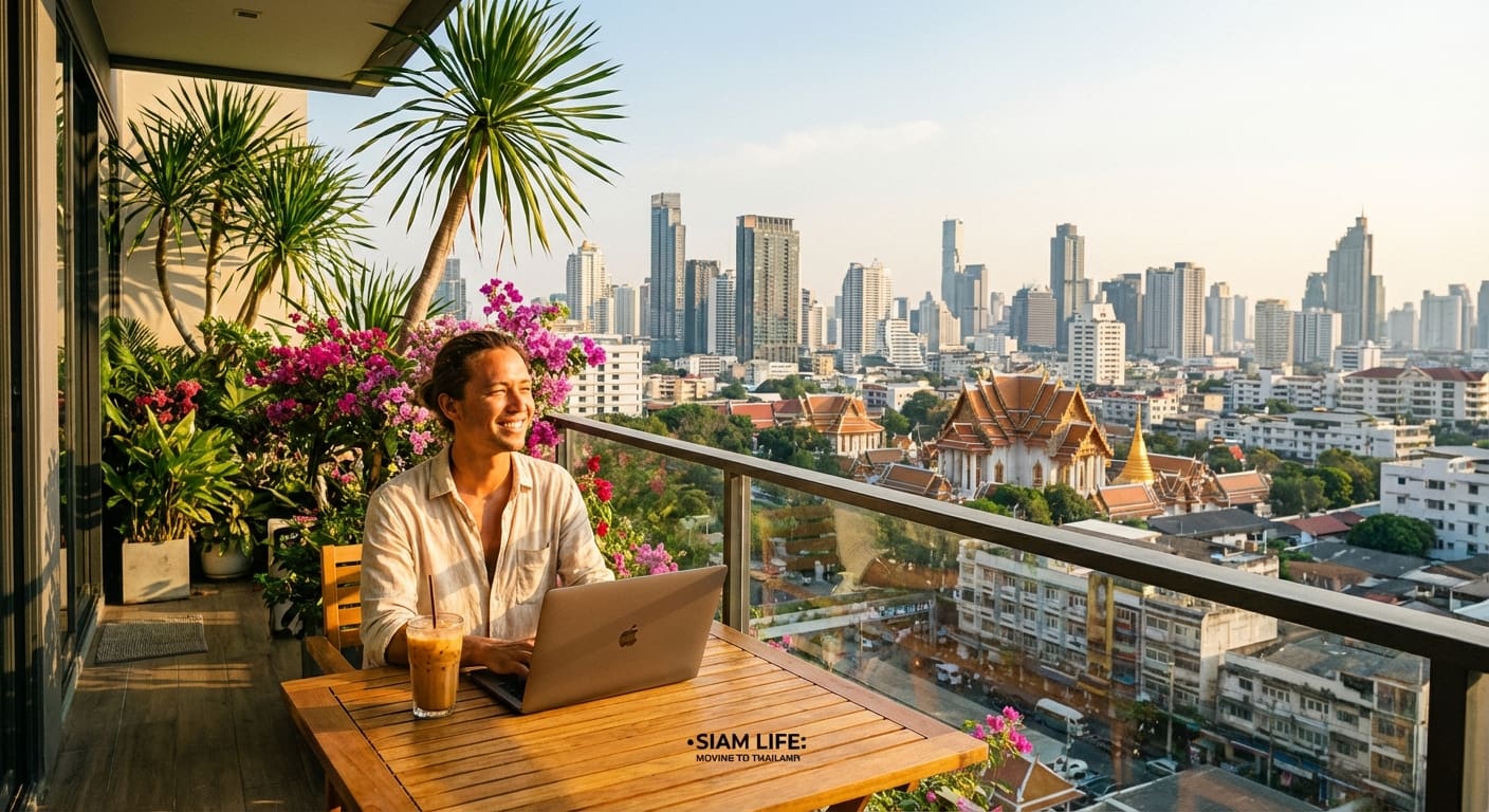 Moderne Wohnung in Bangkok mit Blick auf die Skyline, Person genießt Thai-Eiskaffee auf dem Balkon.