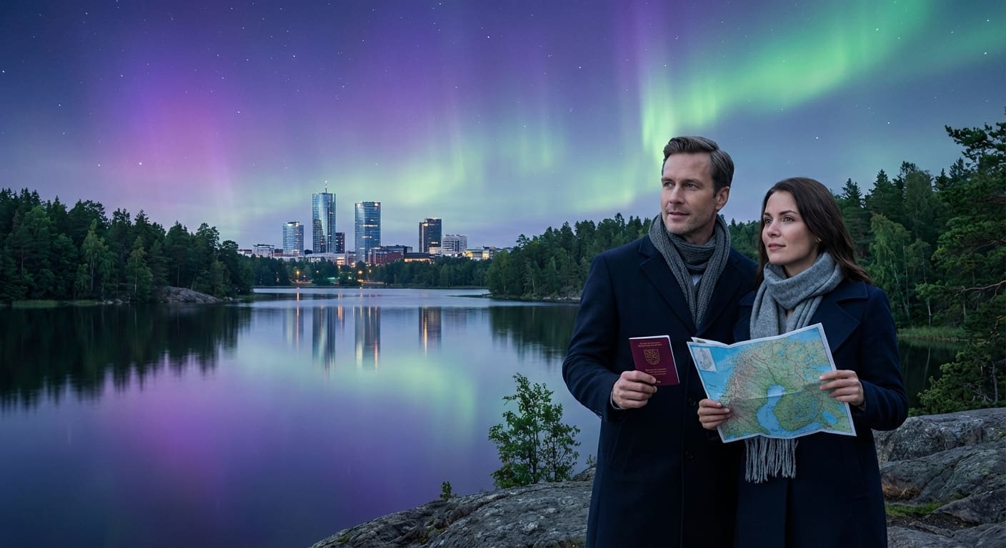 Finnische Landschaft mit Stadt und See, Paar mit Pass und Karte, symbolisiert Auswanderung nach Finnland