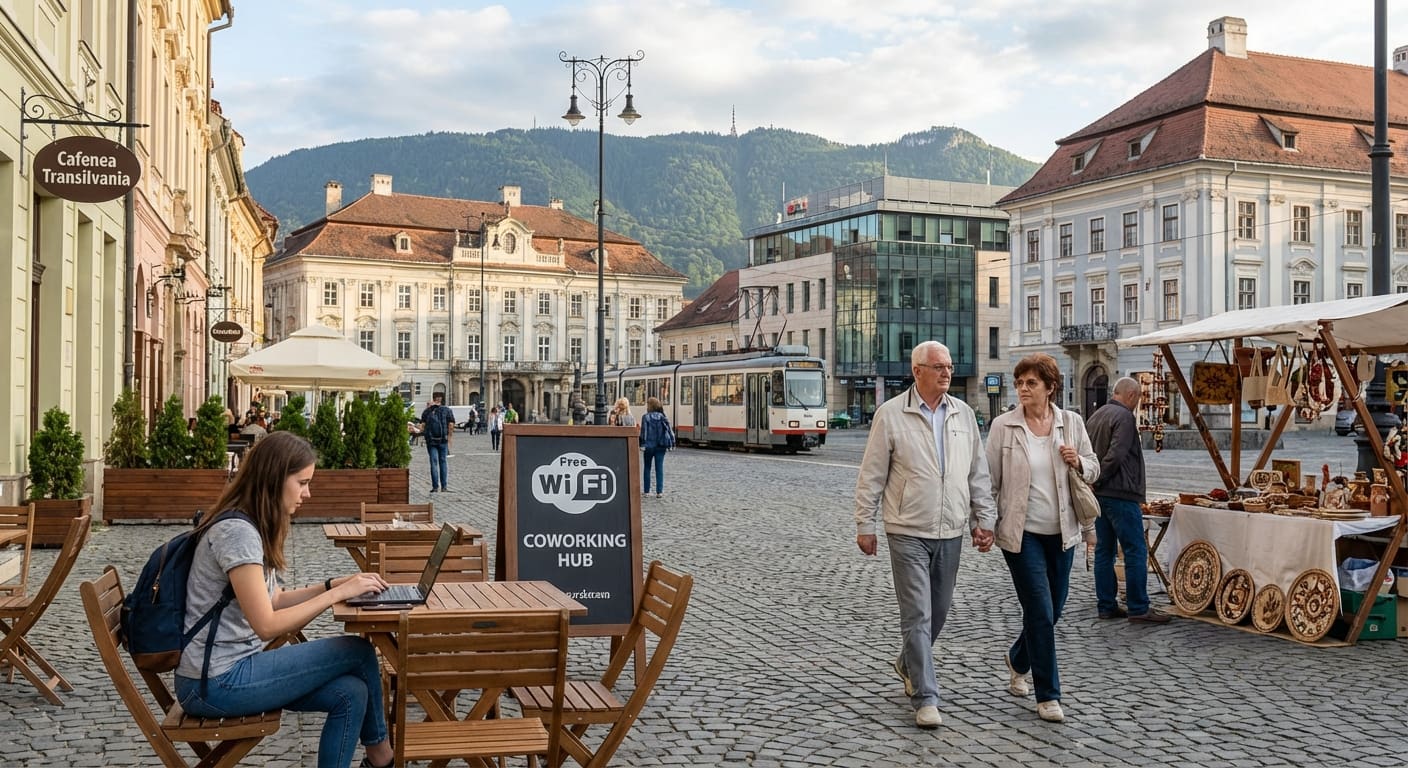 Szene in Rumänien mit moderner und historischer Architektur, Menschen im Freien, digitaler Nomade und Rentnerpaar vor den Karpaten. Szene in Rumänien mit moderner und historischer Architektur, Menschen im Freien, digitaler Nomade und Rentnerpaar vor den Karpaten.