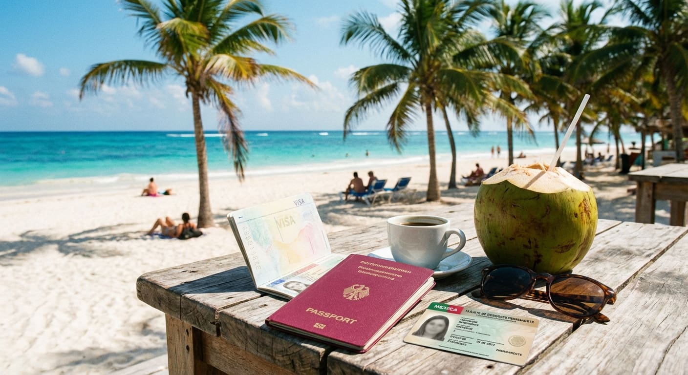 Sonniger karibischer Strand in Mexiko mit Reisepass und Aufenthaltskarte, Palmen und türkisfarbenem Meer im Hintergrund.