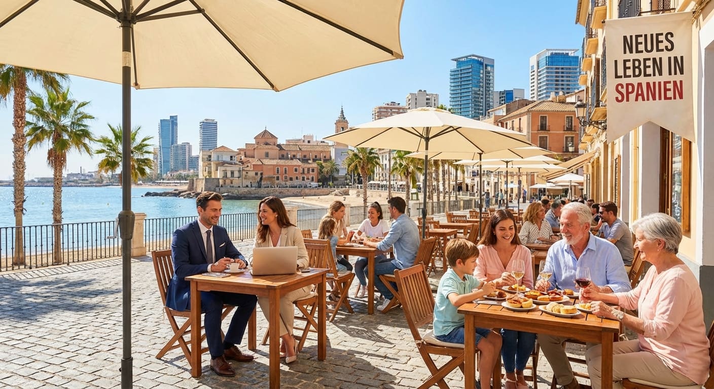 Sonnige spanische Küste mit moderner Stadt im Hintergrund, ideal für Auswanderer aus dem deutschsprachigen Raum.