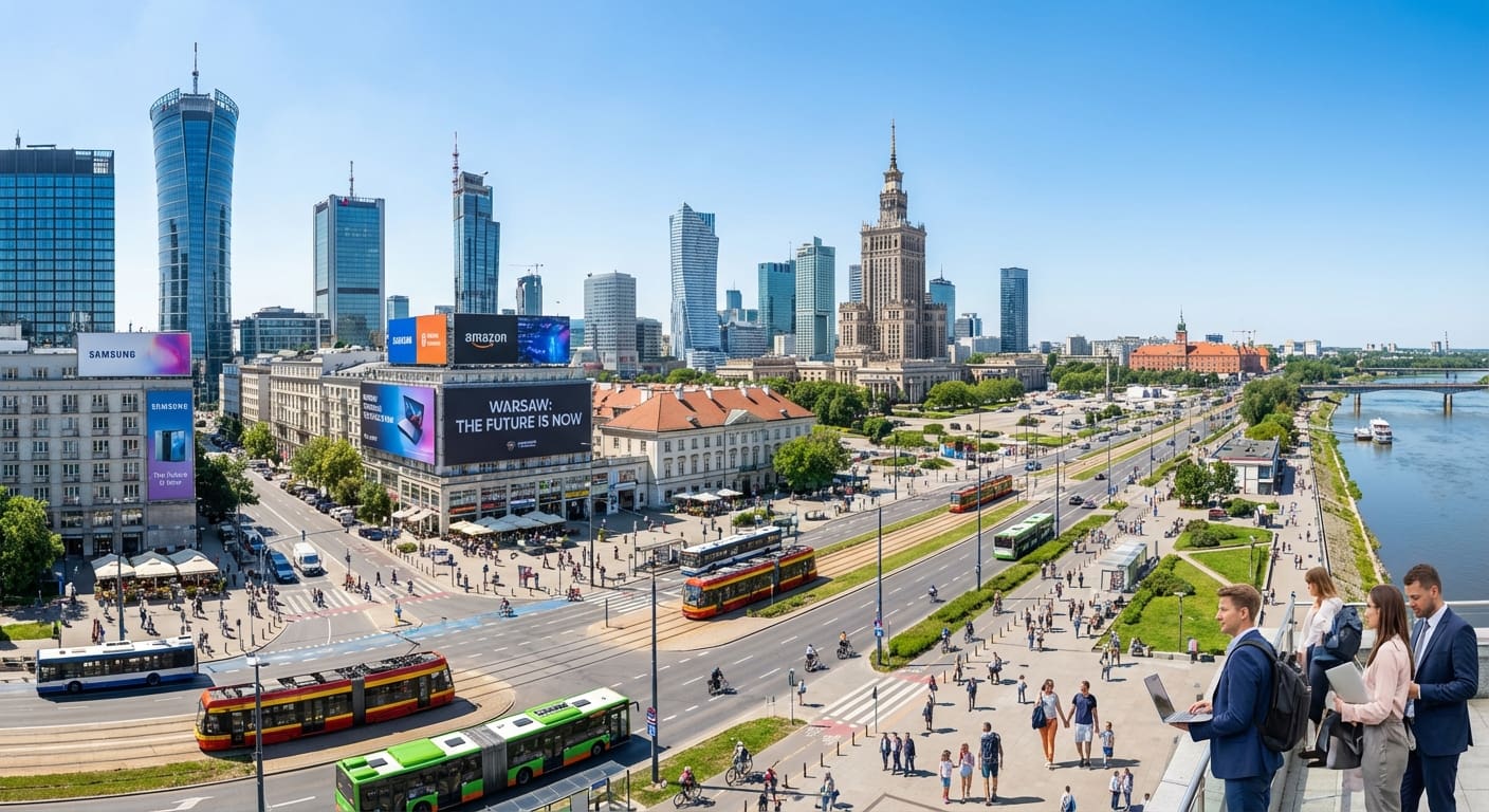 Städtische Skyline von Warschau, Polen, mit moderner und historischer Architektur, symbolisiert wirtschaftliches Wachstum und kulturelle Vielfalt.