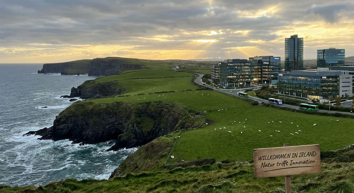 Irische Küstenlandschaft mit Klippen und grünen Feldern, im Vordergrund ein modernes Geschäftsviertel mit Tech-Firmenlogos