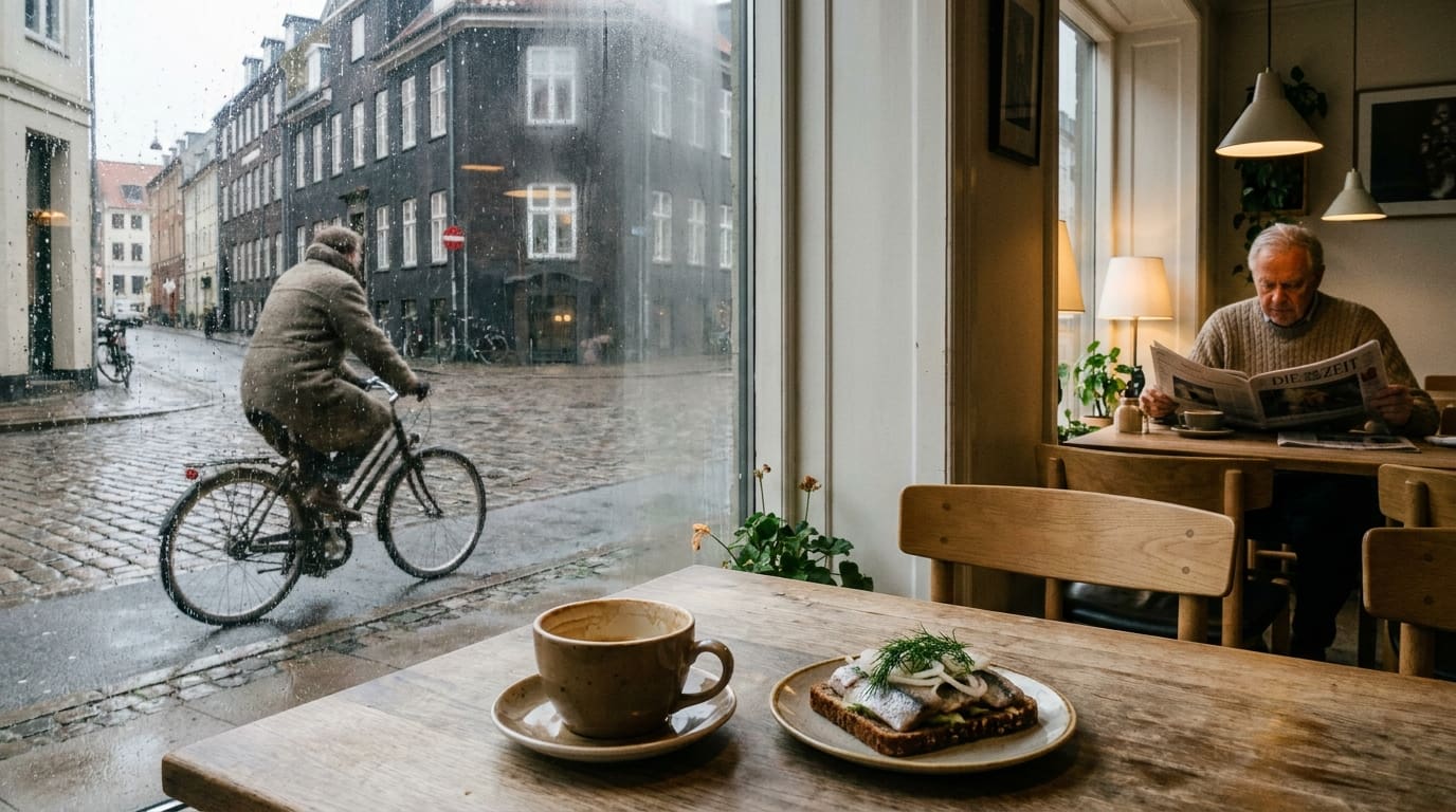 Ein gemütliches Café in Kopenhagen mit Smørrebrød und Blick auf eine regnerische Straße.