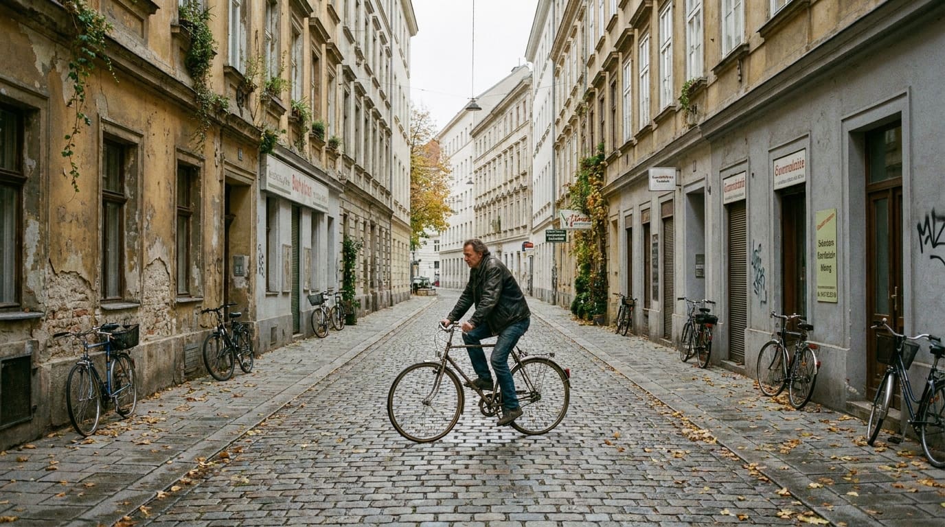 Ein Radfahrer fährt im Herbst durch das Wiener Neubauviertel, während das weiche Nachmittagslicht die Straße beleuchtet.