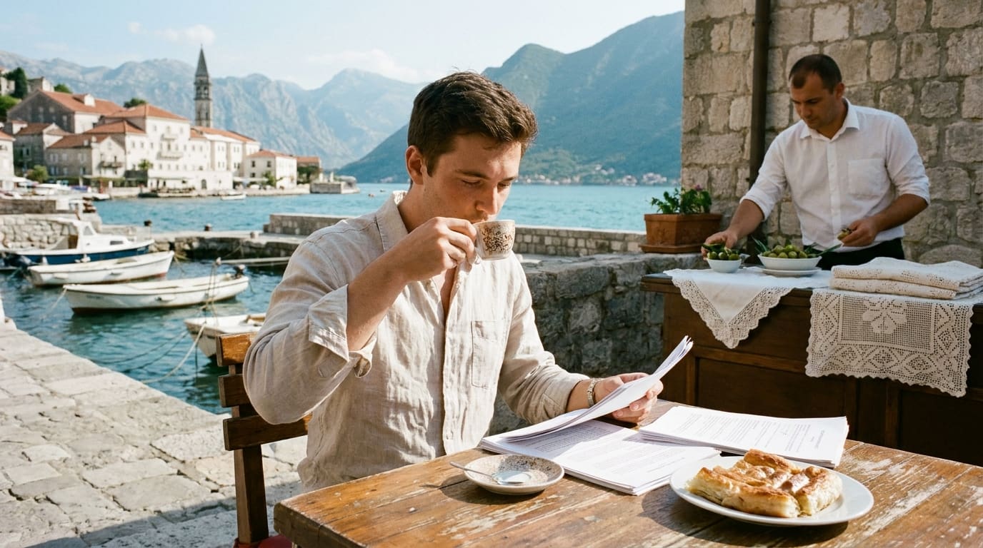 Entrepreneur reviewing documents at a coastal café in Montenegro with Adriatic Sea and mountains in the background.