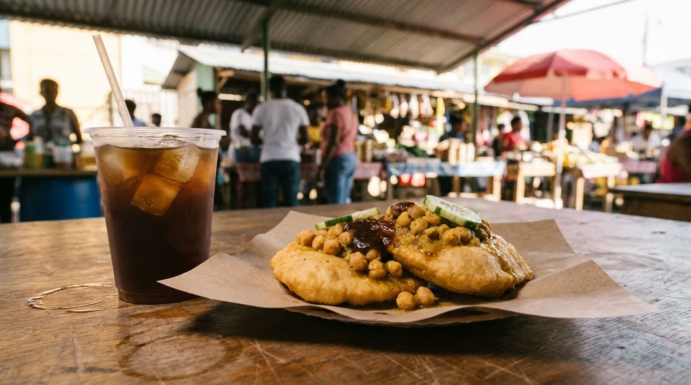 Ein authentischer Snack namens Doubles auf einem Marktstand in Trinidad und Tobago.