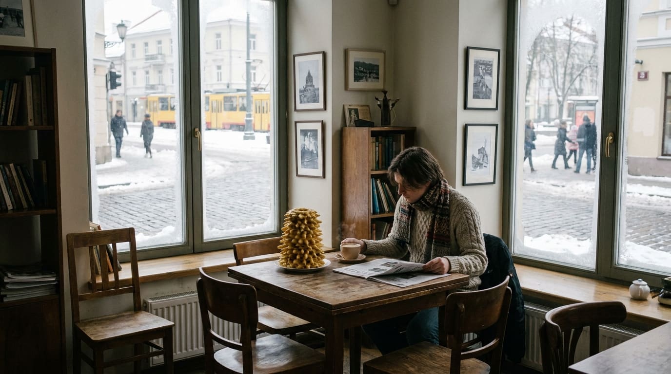 A cozy café scene in Vilnius with a traditional Lithuanian dessert and a person reading a newspaper.